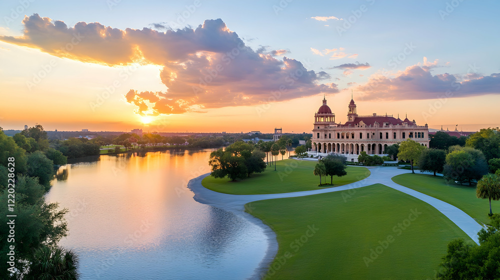 Fototapeta premium Sunset over grand palace, reflecting on tranquil lake. Scenic grounds, peaceful atmosphere. Ideal for travel brochures
