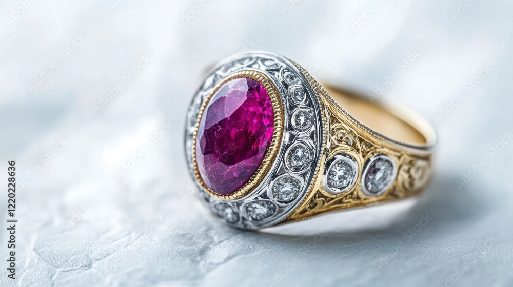 Close-up macro photograph, low-angle view from the side of an art deco gold and platinum diamond ring with a large oval fuchsia cabochon stone in the center, against a white background with a paper Close-up macro photograph, low-angle view from the side of an art deco gold and platinum diamond ring with a large oval fuchsia cabochon stone in the center, against a white background with a paper