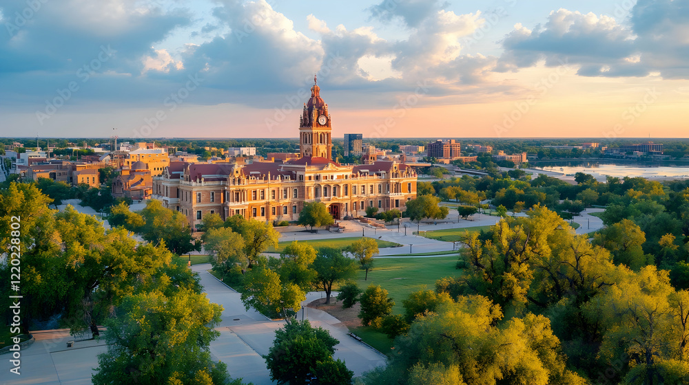 Fototapeta premium Sunset view of Texas Capitol building, cityscape, and park. Use Tourism brochure