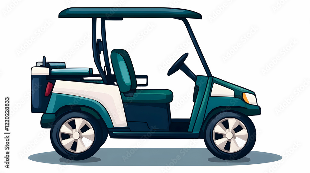 Teal golf cart, side view, sunny day, course background, ideal for travel brochures Teal golf cart, side view, sunny day, course background, ideal for travel brochures