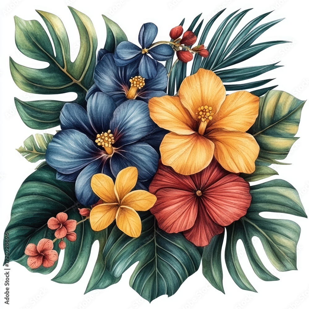 custom made wallpaper toronto digitalVibrant tropical floral arrangement featuring hibiscus and exotic leaves, ideal for decoration or design use