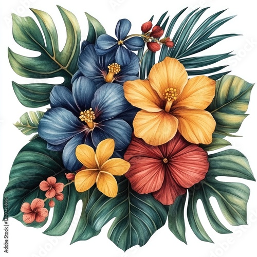 Wallpaper Mural Vibrant tropical floral arrangement featuring hibiscus and exotic leaves, ideal for decoration or design use Torontodigital.ca