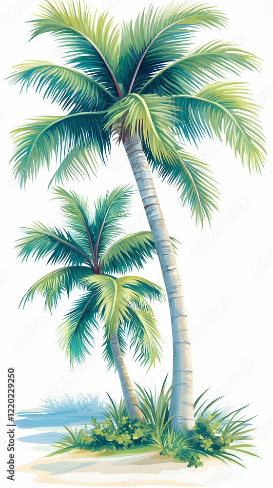 Obraz premium Tropical palm trees on beach, summer vacation postcard design