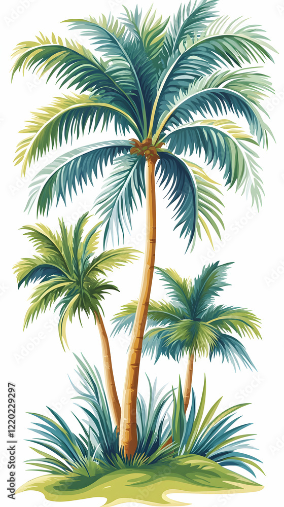 Tropical palm trees on island, lush greenery background, vacation postcard design Tropical palm trees on island, lush greenery background, vacation postcard design