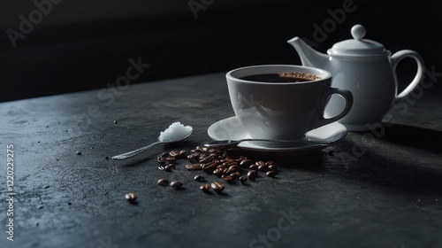 Coffee cup saucer beans sugar and teapot on dark table photo