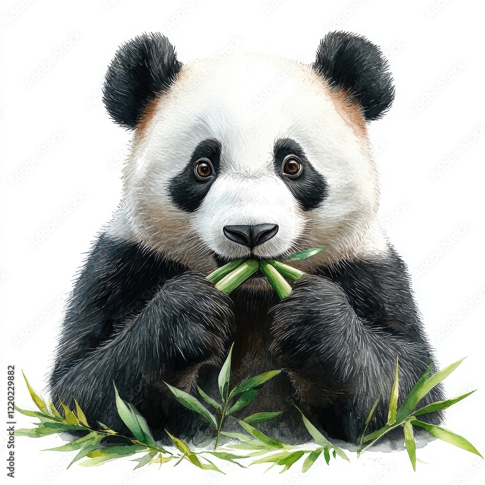 Fototapeta premium A playful panda munching on bamboo, surrounded by lush green leaves in a serene natural setting
