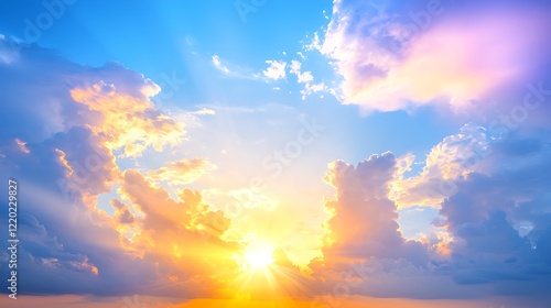 Fototapeta Naklejka Na Ścianę i Meble -  A calm and open sky on a clear summer day, featuring light clouds that gently drift, illuminated by warm sunlight