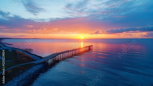 Wallpaper Mural Vibrant sunset over ocean pier, coastal landscape, peaceful evening. Perfect for travel brochures Torontodigital.ca