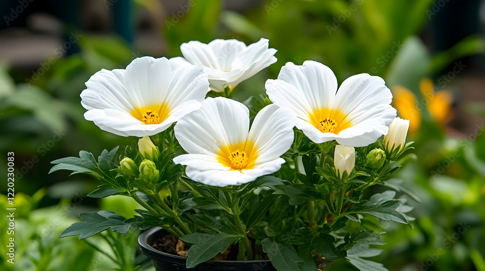Obraz premium White flowers bloom in a garden pot, green foliage in background, perfect for spring cards