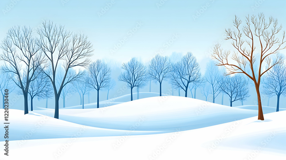 Winter landscape, snow-covered hills, bare trees, serene background, ideal for winter-themed designs Winter landscape, snow-covered hills, bare trees, serene background, ideal for winter-themed designs