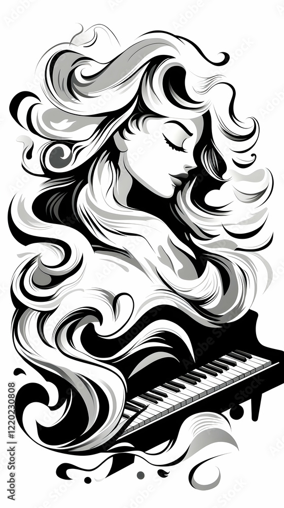 Fototapeta premium Woman playing piano, flowing hair, artistic style, music theme, website/album art