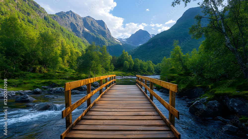Fototapeta premium Wooden bridge over river, scenic mountain valley, Norway, summer travel