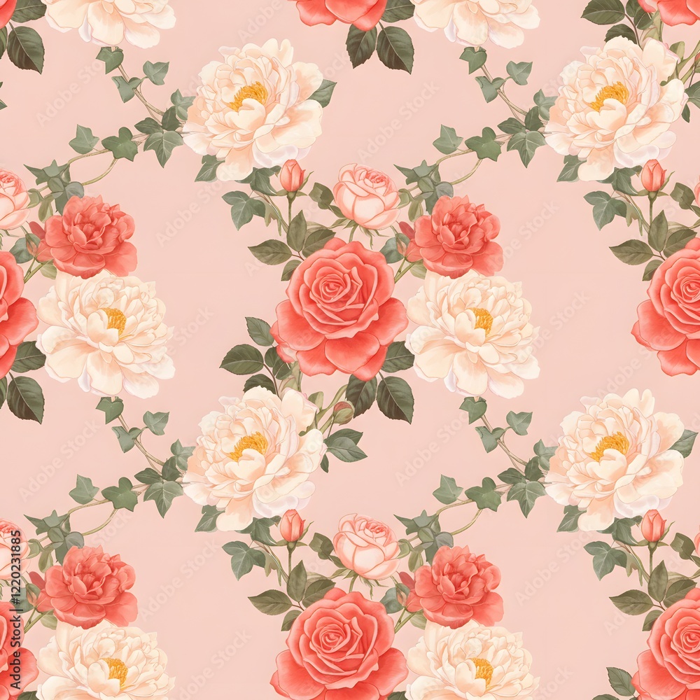 A seamless floral pattern featuring blooming roses and peonies intertwined with ivy on a pastel pink background. A seamless floral pattern featuring blooming roses and peonies intertwined with ivy on a pastel pink background.