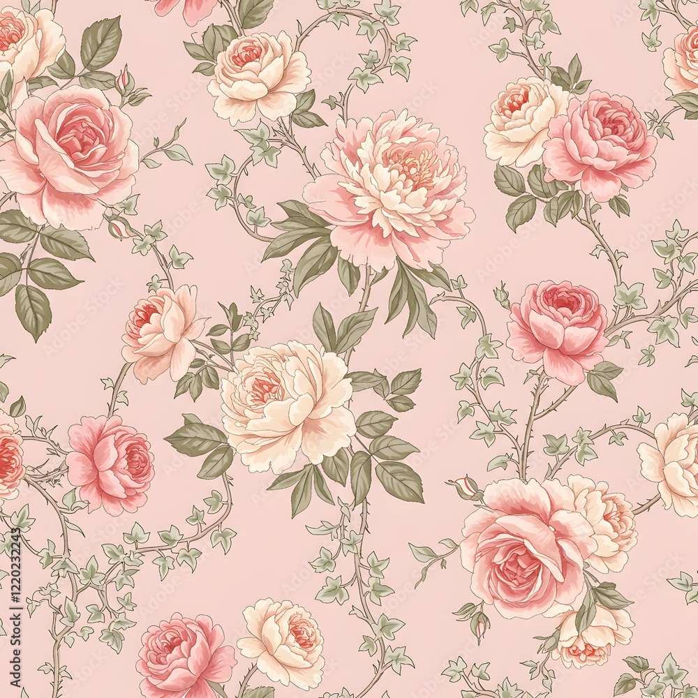 A seamless floral pattern featuring blooming roses and peonies intertwined with ivy on a pastel pink background. A seamless floral pattern featuring blooming roses and peonies intertwined with ivy on a pastel pink background.