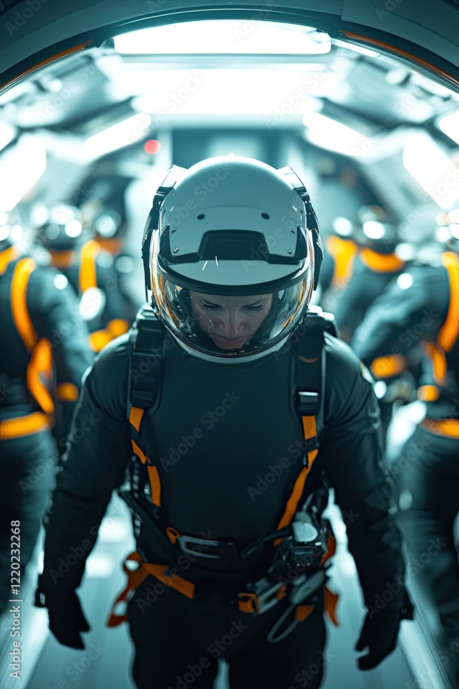 group of eager space tourists in sleek training suits practicing zero-gravity exercises inside futuristic space capsule group of eager space tourists in sleek training suits practicing zero-gravity exercises inside futuristic space capsule