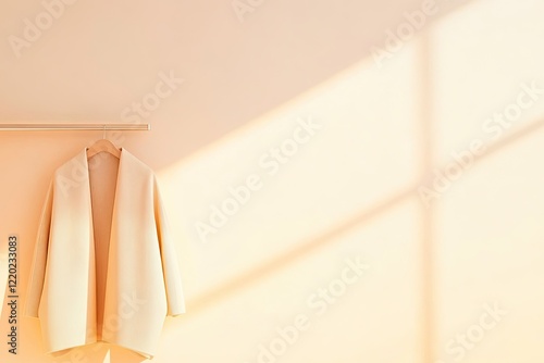 modern hallway with unisex coats hanging neatly on minimalist rack softly illuminated by diffused light photo