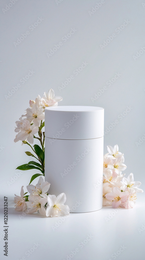 Clean and modern white display stand with jasmine flowers for product advertisements and commercial photos Realistic 3D Podium for Mockup Clean and modern white display stand with jasmine flowers for product advertisements and commercial photos Realistic 3D Podium for Mockup