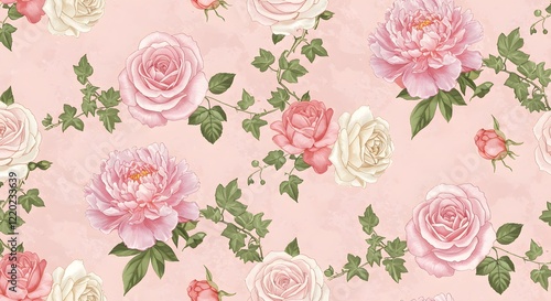 Wallpaper Mural A seamless floral pattern featuring blooming roses and peonies intertwined with ivy on a pastel pink background. Torontodigital.ca