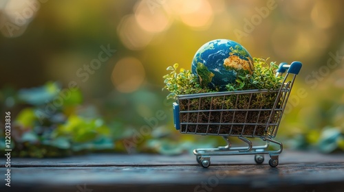 Green Earth in Shopping Cart, Nature Background, Eco-Friendly Shopping photo