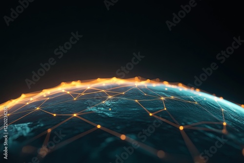 stylized illustration of satellite network orbiting earth forming intricate geodetic triangulation points with copy