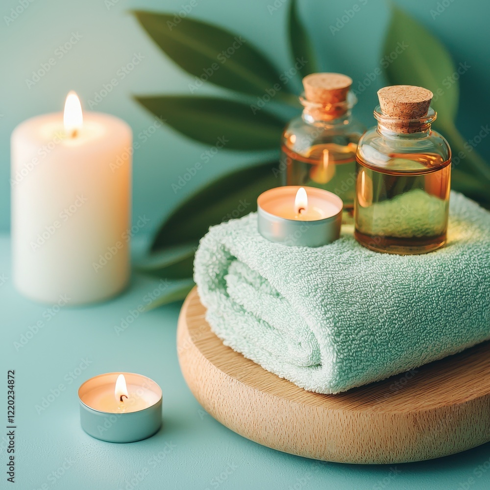 Aromatherapy relaxation setup with essential oils and candles cozy spa ambience soft lighting closeup view