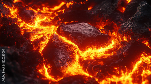 fiery close-up of molten lava flowing over volcanic rocks in a detailed texture-rich eruption aftermath scenery photo