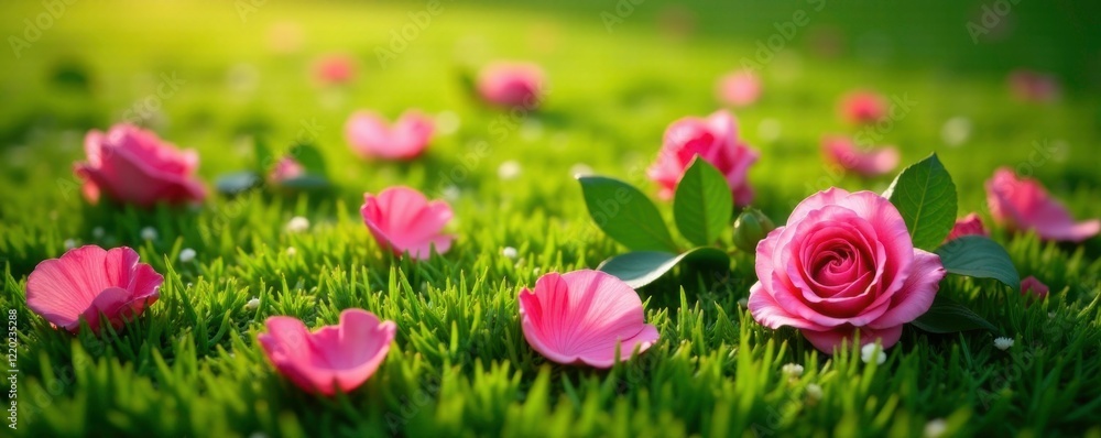 delicate rose petals scattered on lush green grass, roses, flowers, foliage delicate rose petals scattered on lush green grass, roses, flowers, foliage