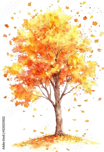 Wallpaper Mural Watercolor Painting of an Autumn Tree with Falling Leaves Torontodigital.ca