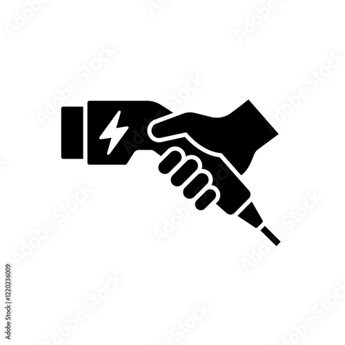 Hand holding charger electric car icon. Electric car with plug icon symbol, EV car, Green hybrid vehicles charging point logotype, Eco friendly vehicle concept. Vector illustration