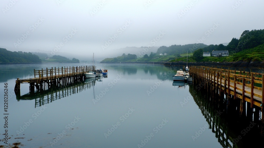 Misty morning, coastal pier, tranquil bay, boats moored, idyllic scene Misty morning, coastal pier, tranquil bay, boats moored, idyllic scene