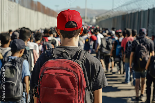 Young migrant walking along us mexico border fence with backpack