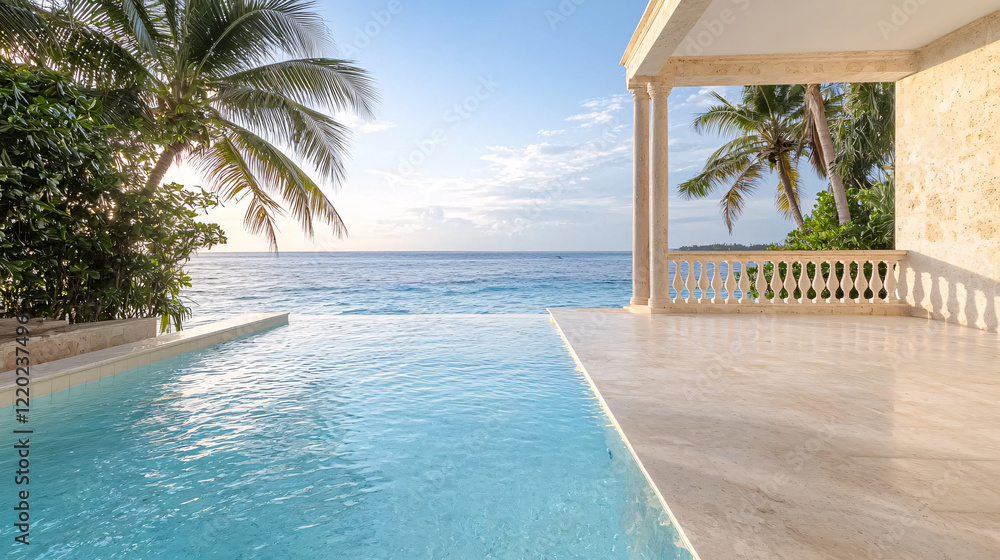 Fototapeta premium Relaxing poolside view overlooking the ocean tropical villa serene environment sunset mood