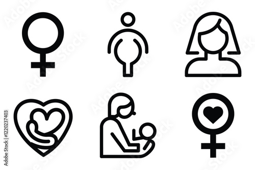 Minimalist pregnancy and motherhood icon set, 6 black line art vector elements for maternal health. Female gender symbols and prenatal care graphics. Mother and baby icons for medical apps.