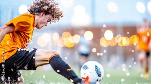 A young soccer player in an orange jersey skillfully controls the ball during a dynamic match. The image captures the intensity of the game and the player's focused determination.