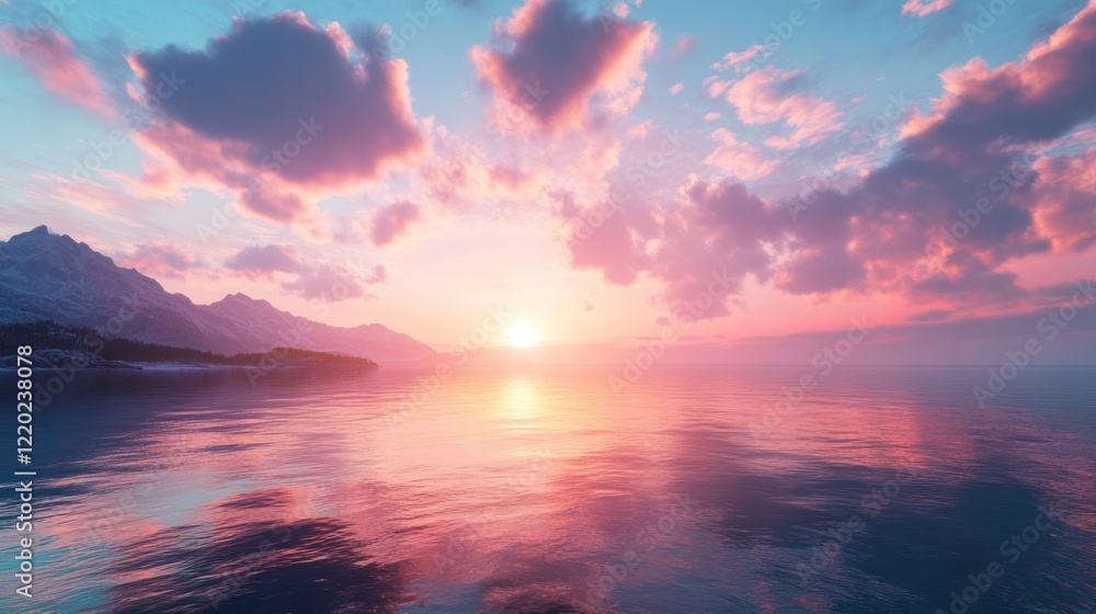 Fototapeta premium Pink sunrise over calm sea with mountains and clouds on the horizon