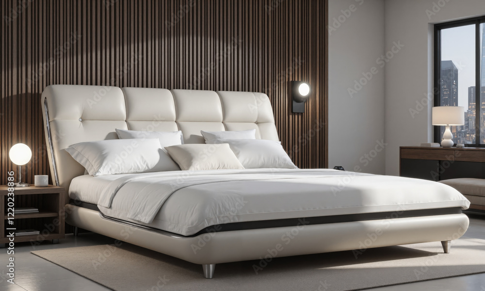 A futuristic smart bed that adjusts firmness, position, and temperature based on sleep patterns and user preferences. The bed includes built-in sensors A futuristic smart bed that adjusts firmness, position, and temperature based on sleep patterns and user preferences. The bed includes built-in sensors