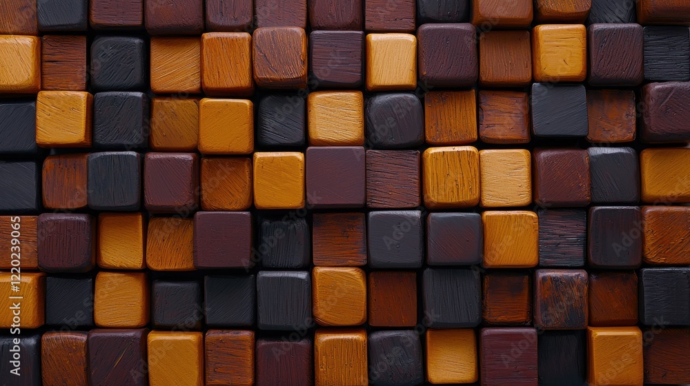 Vibrant Wooden Cubes in Various Shades of Brown and Yellow Uniformly Arranged for a Modern Textured Background Vibrant Wooden Cubes in Various Shades of Brown and Yellow Uniformly Arranged for a Modern Textured Background