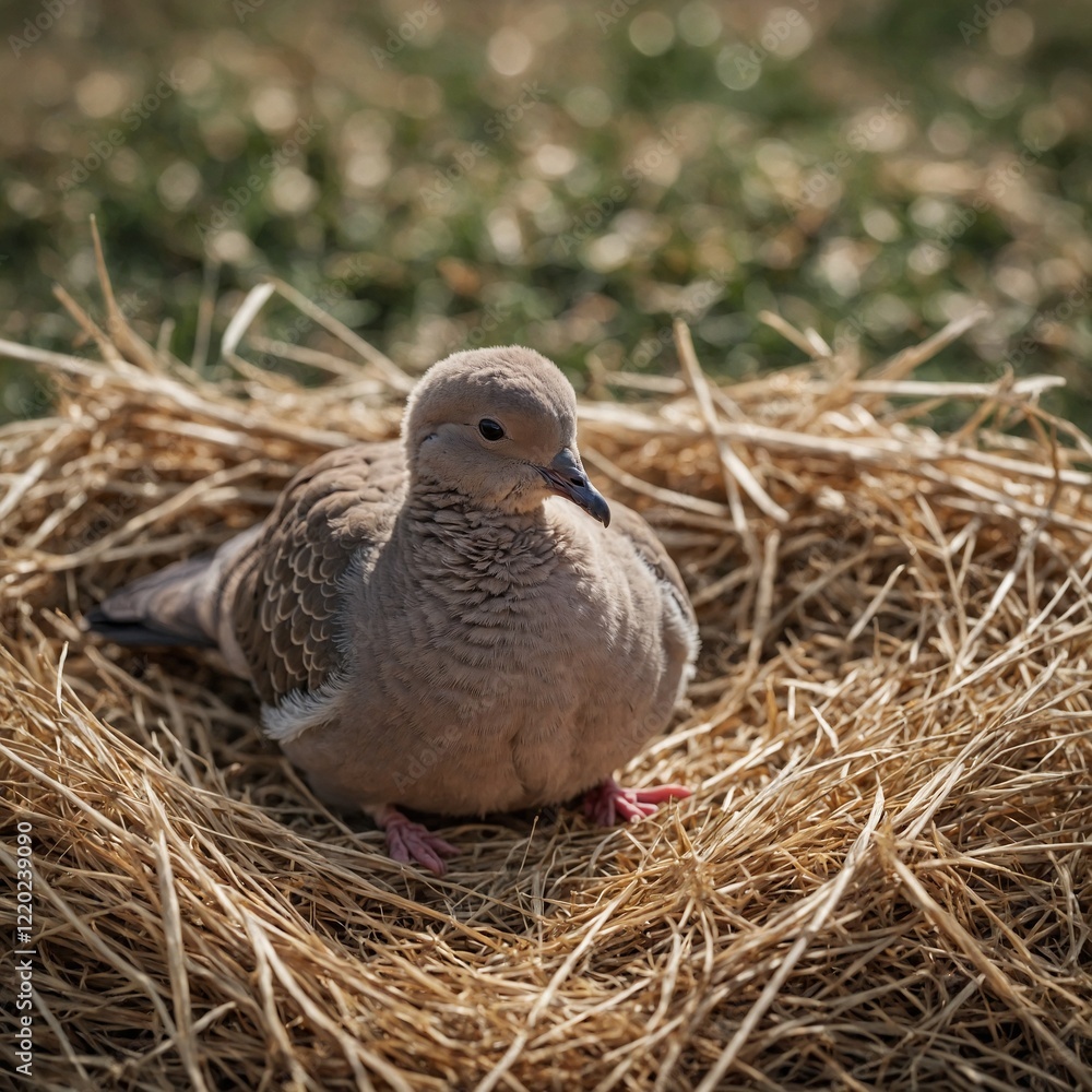 A baby dove resting on a bed of fresh hay in a rustic setting. A baby dove resting on a bed of fresh hay in a rustic setting.