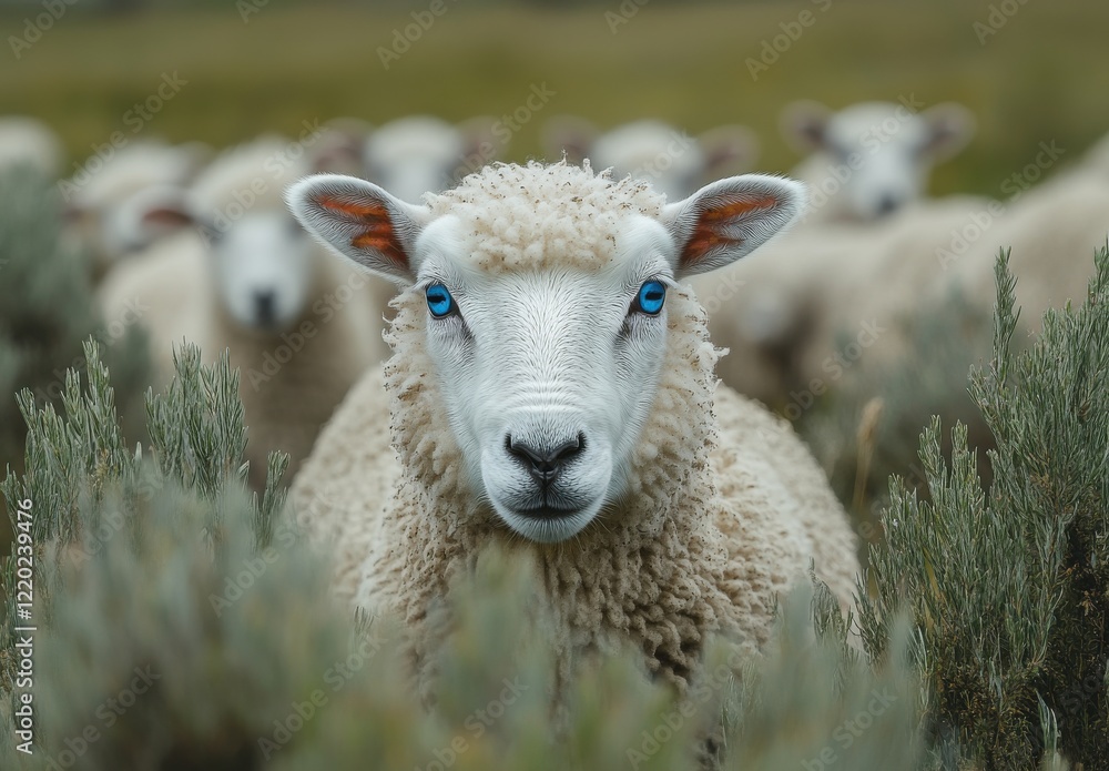 A Close-Up View of a Woolly Sheep with Striking Blue Eyes Surrounded by Lush Greenery in a Pastoral Landscape Full of Other Sheep in the Background A Close-Up View of a Woolly Sheep with Striking Blue Eyes Surrounded by Lush Greenery in a Pastoral Landscape Full of Other Sheep in the Background