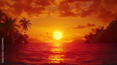 Stunning Sunset Over Ocean with Palm Trees and Fiery Sky Reflection