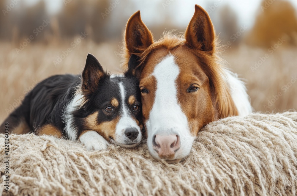 A Heartwarming Moment of Friendship Between a Sweet Dog and a Gentle Horse Resting Together in a Serene Meadow, Surrounded by Soft, Natural Light and a Peaceful Atmosphere A Heartwarming Moment of Friendship Between a Sweet Dog and a Gentle Horse Resting Together in a Serene Meadow, Surrounded by Soft, Natural Light and a Peaceful Atmosphere