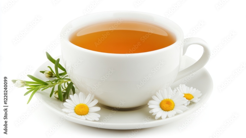 A white teacup of chamomile tea with daisies A white teacup of chamomile tea with daisies