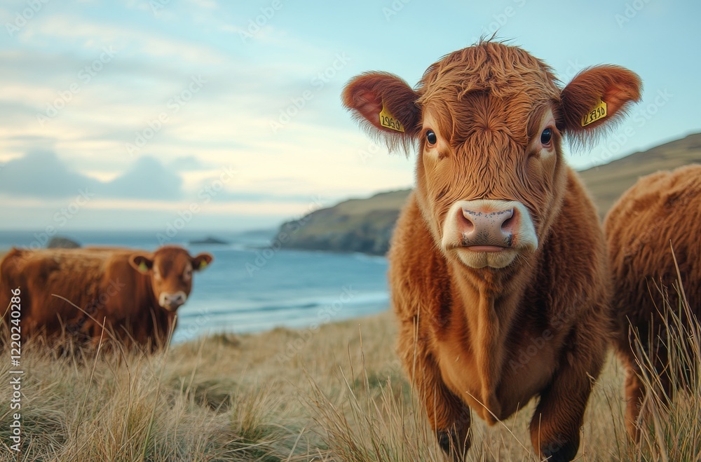 A serene landscape with brown cows grazing in a grassy field near the ocean at dusk, showcasing the beauty of rural farming and nature's tranquility. A serene landscape with brown cows grazing in a grassy field near the ocean at dusk, showcasing the beauty of rural farming and nature's tranquility.