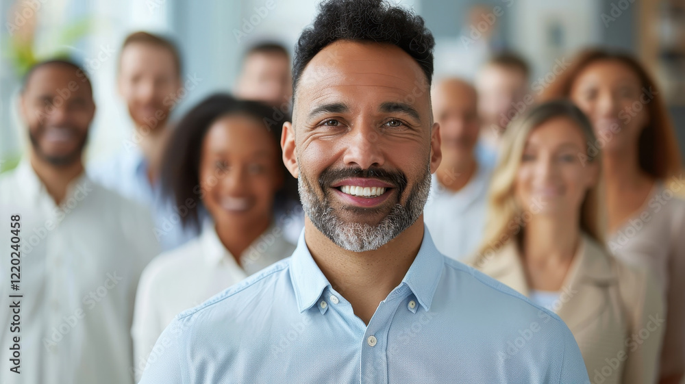 confident man smiling in front of diverse group of people, showcasing leadership and unity confident man smiling in front of diverse group of people, showcasing leadership and unity