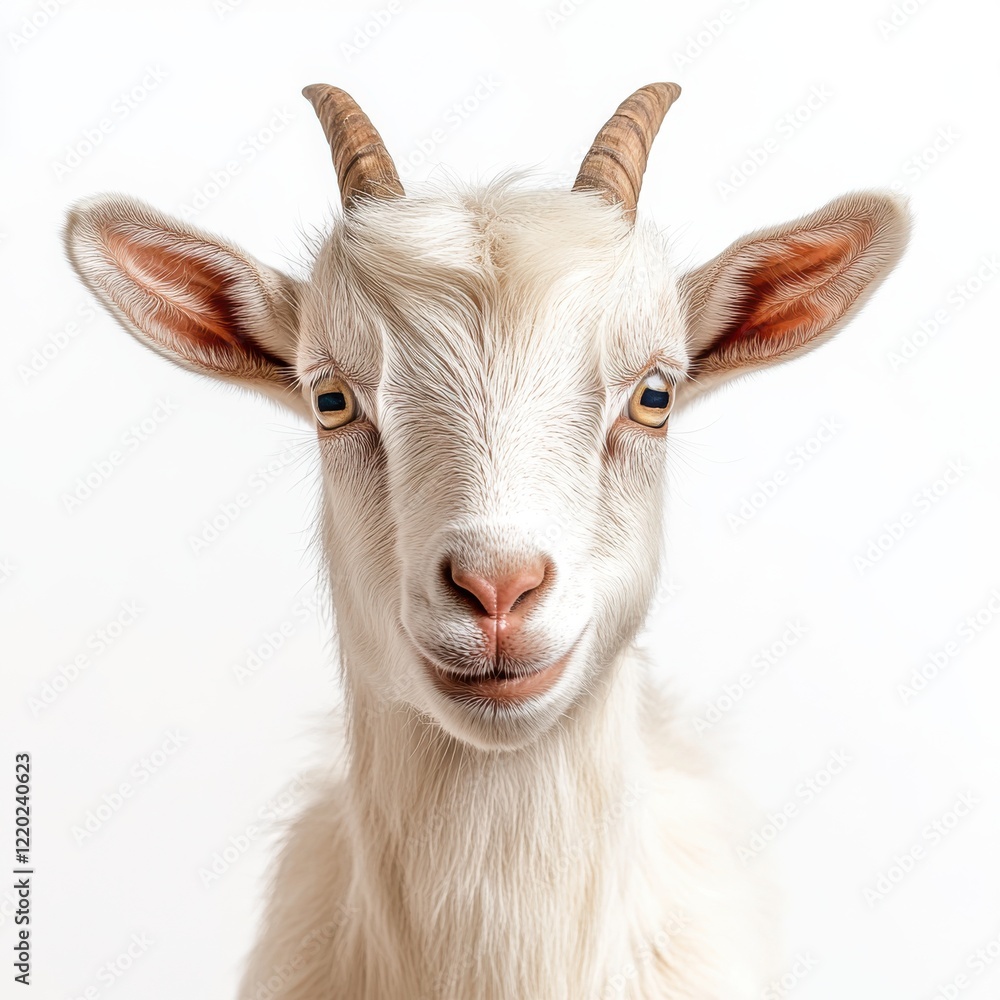 Adorable and Charming Domestic Goat with Soft White Fur and Bright Eyes on a Plain Background, Perfect for Animal Lovers and Nature Enthusiasts Adorable and Charming Domestic Goat with Soft White Fur and Bright Eyes on a Plain Background, Perfect for Animal Lovers and Nature Enthusiasts