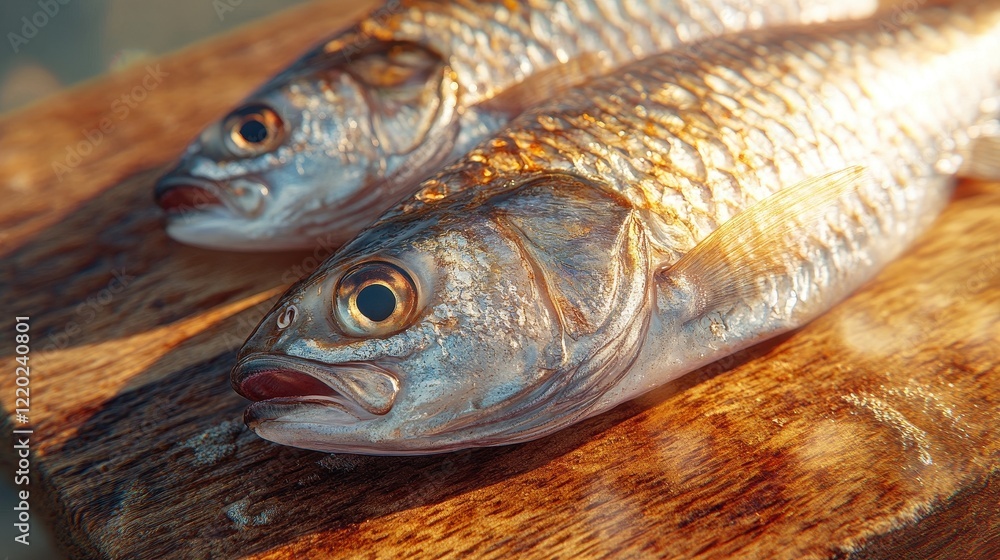 Freshly caught fish displayed on a wooden surface, showcasing vibrant colors and details. Freshly caught fish displayed on a wooden surface, showcasing vibrant colors and details.