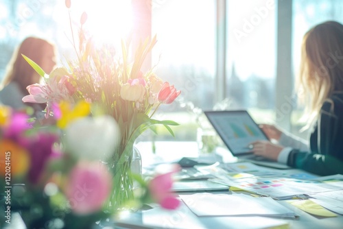 Women working in bright office with flowers.