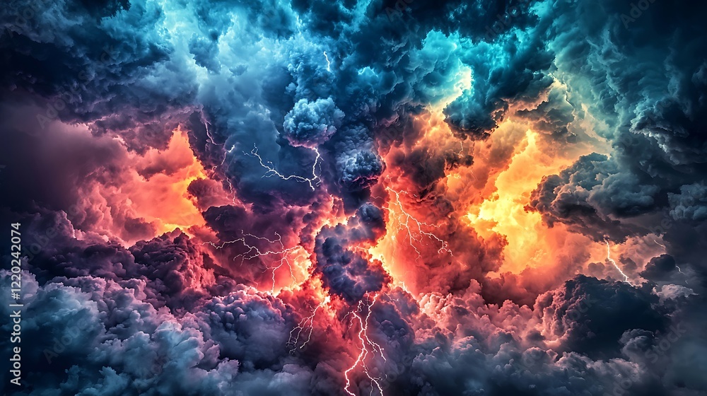 A dramatic thunderstorm in progress, with lightning strikes lighting up the sky and dark clouds swirling in a chaotic display A dramatic thunderstorm in progress, with lightning strikes lighting up the sky and dark clouds swirling in a chaotic display