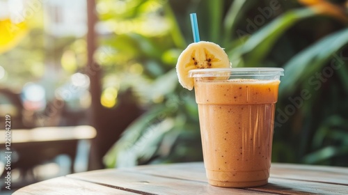 Tropical fruit smoothie on outdoor table photo