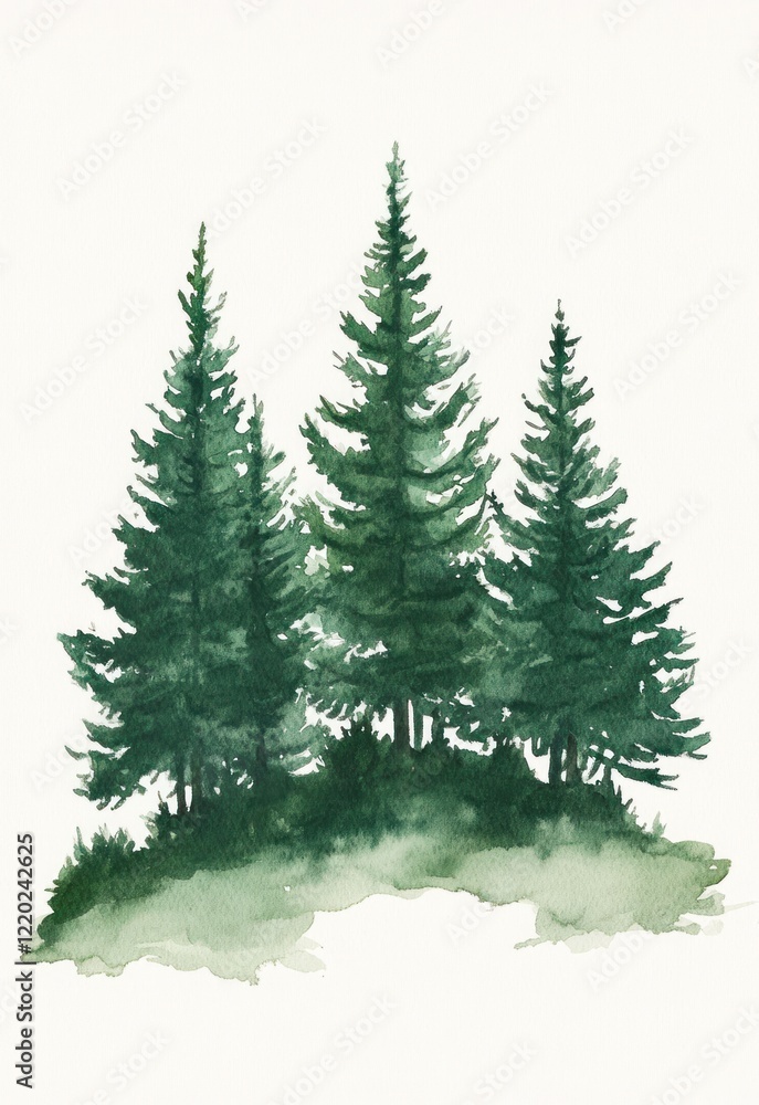 Watercolor Painting of Three Evergreen Trees on a Hill Watercolor Painting of Three Evergreen Trees on a Hill